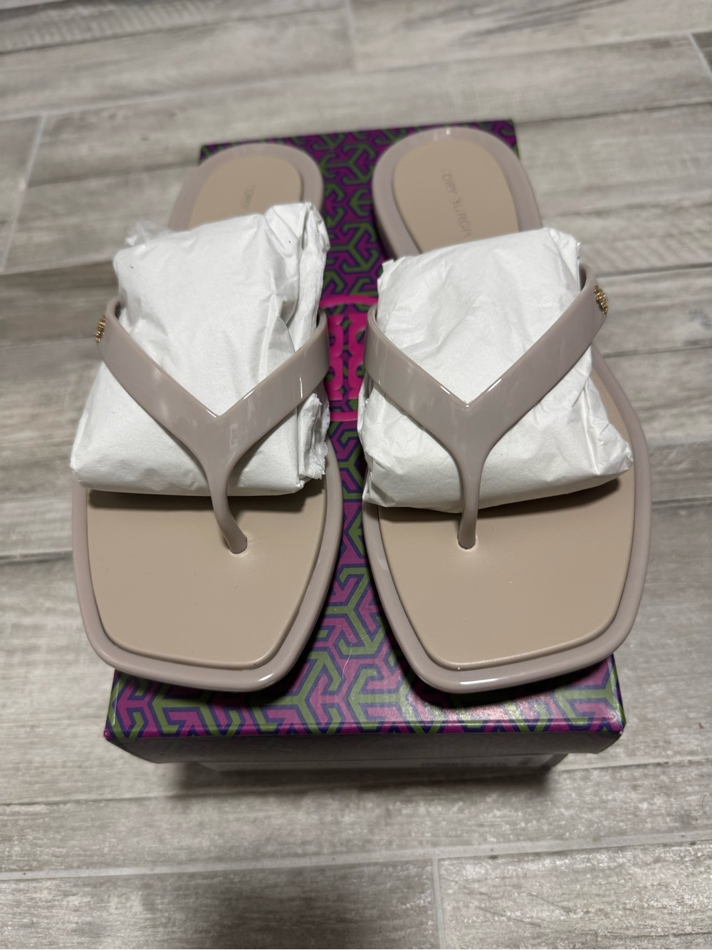 Tory Burch Glossy Taupe Square-Toe Thong Sandals